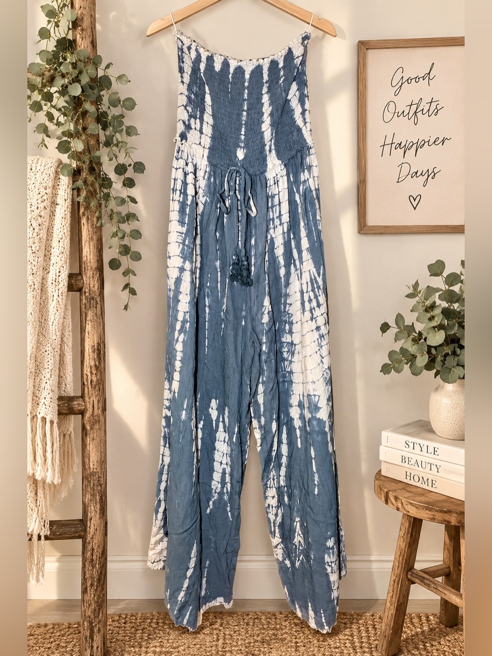 Boho Tie-Dye Wide-Leg Jumpsuit - Blue & White